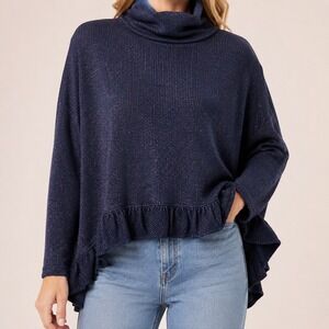 Anthropologie Postmark Navy Blue Metallic Cowl Neck Ruffle Peplum Top M/L